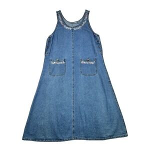 Vtg Womens Jane Ashley Denim Dress Embroidered Pockets Blue Size Medium Floral